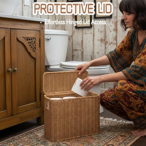 Toilet Paper Storage Basket with Lid, Slim Bathroom Poly Rattan Organizer