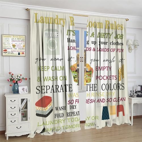 JESTRONRY Laundry Room Theme Curtains, Wash Dry Fold Repeat Print Fabric Window Treatments Kitchen Bathroom Curtain, Home Decor Rod Pocket Window Drapes 63x63 Inch Blackout