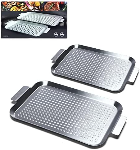 Grill Pan Set of 2, BBQ Grill Topper for Outdoor Grill, Stainless Steel Grilling Baskets with Holes and Handles, Perforated Food Tray Barbecue Accessories for Vegetable, Fish, Meat, Seafood