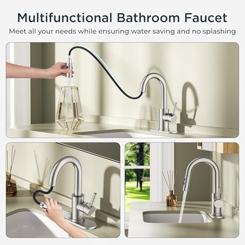 FORIOUS Bathroom Faucet 1 Hole Single Handle with Pull Down Sprayer Nickel
