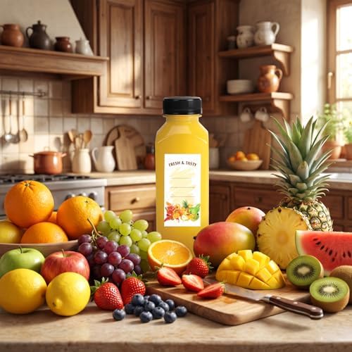 BAKHUK 5074pcs 12oz Empty Plastic Juice Bottles with Caps, Sticker Labels