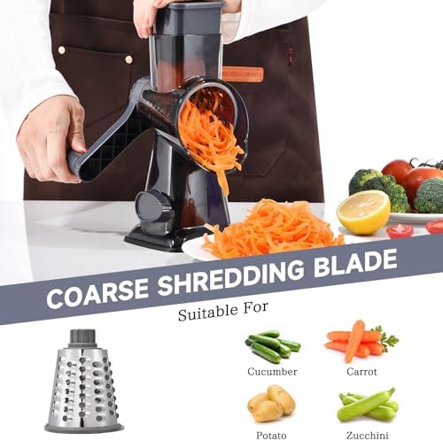 Rotary Cheese Grater with Handle Kitchen Shredder Slicer Grater Slicer Ice Shaver Cheese Vegetable Nuts Potato Zucchini Chocolate 3 Interchangeable Blades (Grey TSP)
