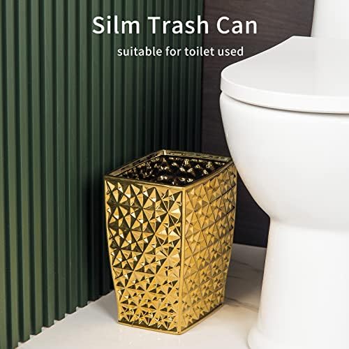 Ceramic Gold Square Garbage Can Kitchen Trash Cans - Wastebasket, Garbage Container Bin for Bathroom, Bedroom, Kitchen, Home Office, and Kids Room, Holds Waste