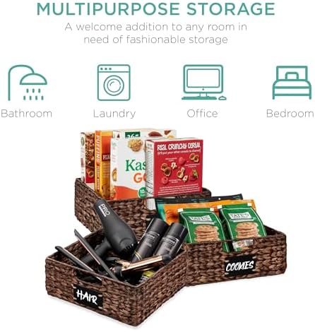 Best Choice Products Set of 4 13x12in Water Hyacinth Pantry Baskets, Woven Organizers w/Chalkboard Label, Chalk Marker - Brown