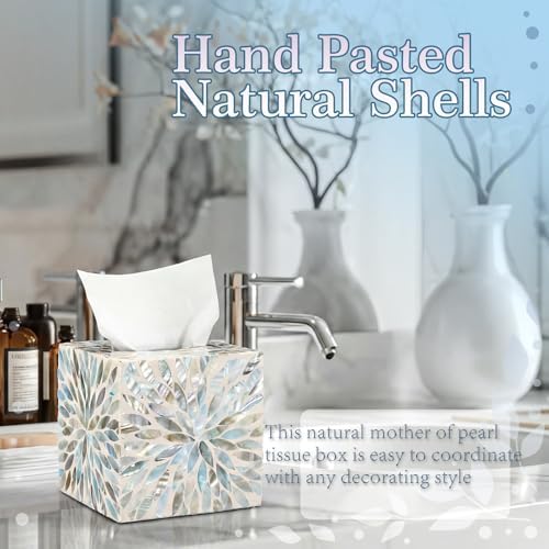 Reallnaive 5.9 Inch Cube Mother of Pearl Tissue Box Cover Ceramic Decorative Tissue Box Holder, Square Napkin Holder Rustic Napkin Dispenser Organizer for Table Bathroom Office(Ivory Teal Floral)