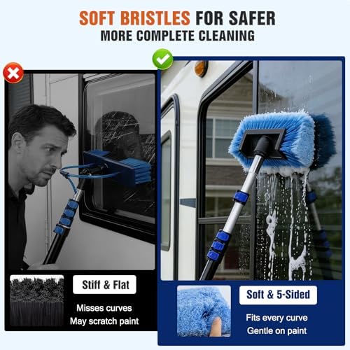 Up to 26FT Reach 20FT Car Wash Brush Kit with Long Handle, 8 Attachments, 180° Rotating Mop & Foldable Bucket, Scratch-Free Soft & Hard Brushes for Cars, Trucks, SUVs & RVs