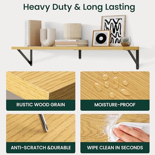 Floating Shelves 8 Inch Deep, 36W x 8D Wall Shelf Set of 2, 60 lbs Heavy Duty Reversible Metal Brackets, Industrial Book Shelf for Living Room Kitchen Bathroom Bedroom Gallery Wall, Oak