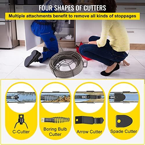 VEVOR Drain Cleaning Cable 75ft x 3/8 inch Solid Core Cable Sewer Cable, Drain Auger Cable Cleaner, Snake Clog Pipe Drain Cleaning Cable W/Four Shapes of Cutters