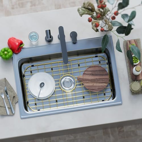 26" x 14" Large Gold Kitchen Sink Grid and Sink Protector, Stainless Steel Sink Rack for Bottom of Kitchen Sink,Centered Drain with Corner Radius, Stainless Steel