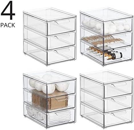 mDesign Plastic Stackable Organizer with 3 Drawers - Pull-Out Drawer Storage Bin for Bathroom Sink/Cabinet Organization - Perfect for Makeup, Small Towels, and More - Lumiere Collection, 4 Pack, Clear