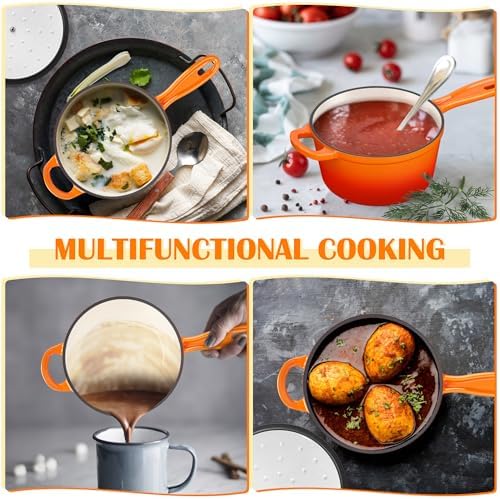 E-far Enameled Cast Iron Sauce Pan with Lid, 1 Quart Dutch Oven Saucepan, Mini Sauce Pot for Cooking, Boiling, Healthy & Non Toxic, Induction & Oven Safe, Orange