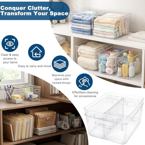 MOONEDGE 4 Pack Clear Plastic Organizer Bins, 2 Large & 2 Small Storage Set