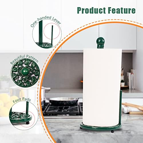 Green Cast Iron Paper Towel Holder for Kitchen Countertop - Vintage Pumpkin Pattern Standing Dispenser with Heavy Weighted Base, Farmhouse Decor, Fits Jumbo Rolls, One-Handed Tear