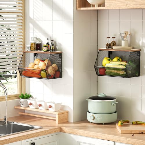 Stackable Fruit Basket for Kitchen Countertop Space Saving, Wall Mounted Mesh Metal Wire Basket with Wood Lid Extra Storage, 2 Pack Kitchen Counter Organizer for Snack, Onion and Potato Storage, Black