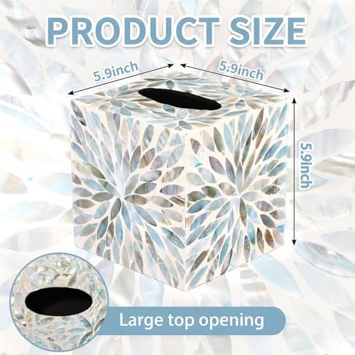 Reallnaive 5.9 Inch Cube Mother of Pearl Tissue Box Cover Ceramic Decorative Tissue Box Holder, Square Napkin Holder Rustic Napkin Dispenser Organizer for Table Bathroom Office(Ivory Teal Floral)