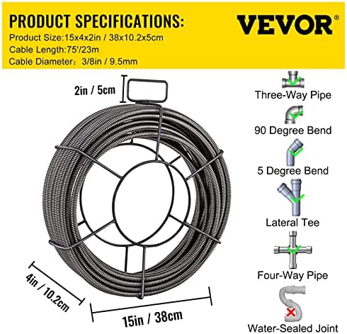 VEVOR Drain Cleaning Cable 75ft x 3/8 inch Solid Core Cable Sewer Cable, Drain Auger Cable Cleaner, Snake Clog Pipe Drain Cleaning Cable W/Four Shapes of Cutters