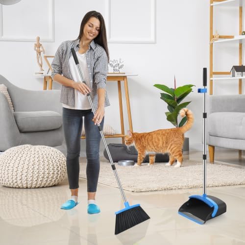 NACENA Broom and Dustpan Set with 52-in Long Adjustable Handle, Black Blue