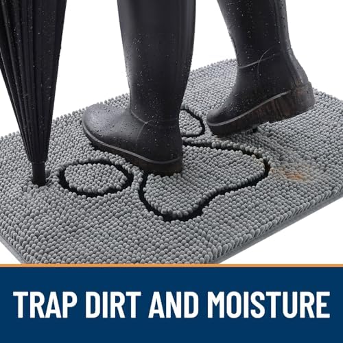 OLANLY Dog Door Mat for Muddy Paws 32x20, Paw Print Design Chenille Mud Mat