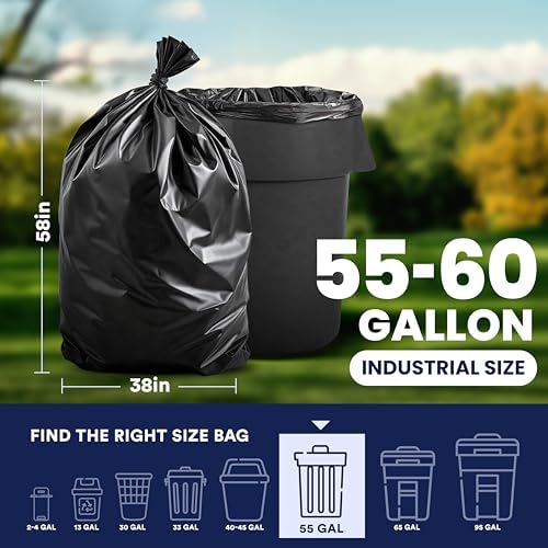Plasticplace 55-60 Gallon Trash Bags, Heavy Duty, Black Garbage Can Liners, Puncture-Resistant Star Seal, 38" x 58", 100 Count for Warehouse, Kitchen, and Outdoor Use 1.5 Mil