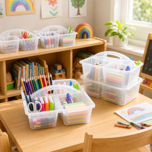 6 Pack 4 Compartment Classroom Caddy with Handle, Clear