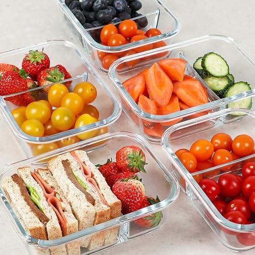 KOMUEE 30 oz 5 Pack Glass Meal Prep Containers 2 Compartments