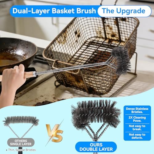 4-Piece Professional Deep Fryer Cleaning Kit - Commercial Stainless Steel Set with Dual-Layer Basket Brush, 3-in-1 Grill Scraper, L-Shape Brush & Drain Wand