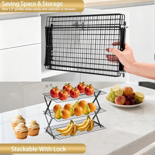 3-Tier Stackable Cooling Rack for Baking, Collapsible Wire Cookie Rack with Adjustable Heights, Non-Stick Roasting & Drying Rack for Cupcakes, Pies and Pastries, Space-Saving Kitchen Essential