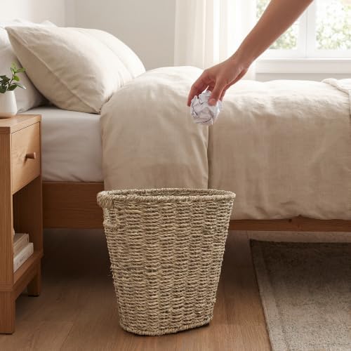 iEGrow 2 Pack Wicker Trash Can, Wicker Waste Basket for Bathroom, Woven Seagrass Wicker Boho Garbage Can Built-in Handles for Bedroom, Office, Decor Home, Kitchen, Living Room (Oval)