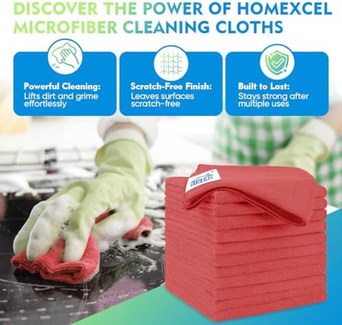 HOMEXCEL Red Microfiber Cleaning Cloth 12 Pack, 12.5 x 12.5 inch Microfiber Towels for Cars, Ultra Absorbent Car Washing Cloth, Lint Free Streak Free Cleaning Rags for Car, Kitchen, and Window