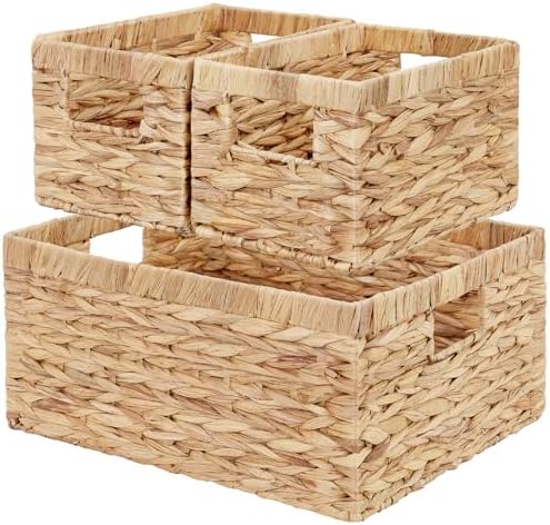 Vagusicc Wicker Basket, Set of 3 Hand-woven Storage Baskets for Organizing, Water Hyacinth Wicker Storage Basket Bins with Handles, Small Toilet Paper Storage Baskets for Shelves Pantry Baskets