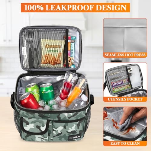 opux Insulated Lunch Box Adult, 14 Can Leakproof Cooler Bag Kid, Camo Green
