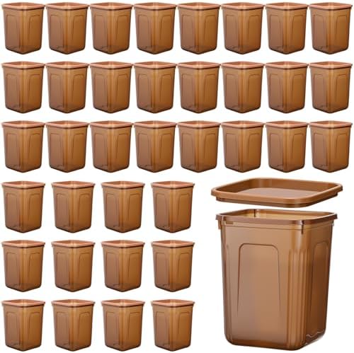 36 Pack Small Square Trash Cans Bulk, 2.6 Gallon Translucent Brown Wastebaskets with Bag Securing Ring, Thickened Corner Garbage Bin for Hotel Room, Office, Cabin and Bathroom