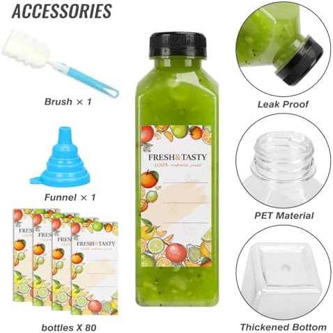 TOMNK 80pcs 16oz Plastic Juice Bottles with Caps, Sticker Labels, Brush
