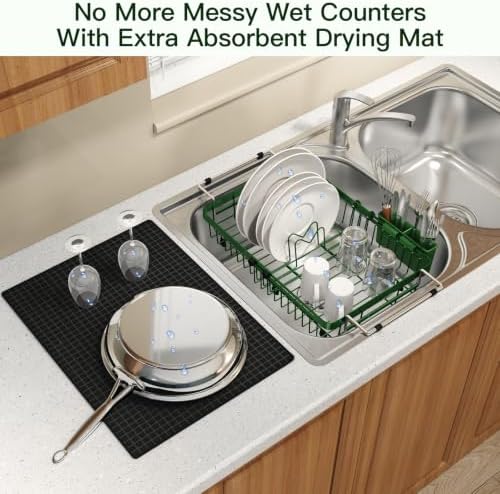 MAJALiS Green Expandable Dish Drying Rack Over Sink with Extra Drying Mat