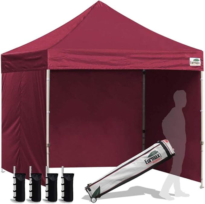 Eurmax USA 8'x8' Pop-up Canopy Tent Commercial Instant Canopies with 4 Removable Zipper End Side Walls and Roller Bag, Bonus 4 SandBags(Burgundy)