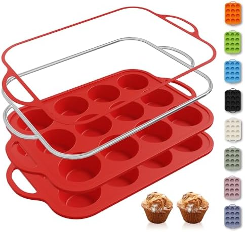 2 Packs 12 Cups Silicone Muffin Pan for Baking with Metal Reinforced Frame Regular Size Cupcake Pan Tray Egg Bites Silicone Cookie Molds Muffin Tin Tart Pans Sheet Set for Oven Dishwasher Safe