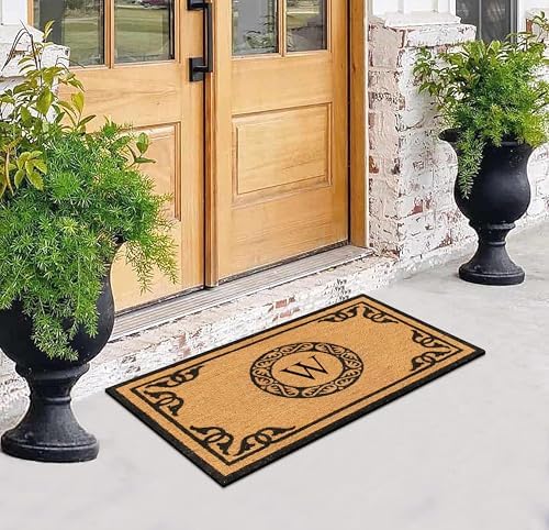 A1HC Natural Coir Monogrammed Doormat for Outside Entrance, Anti-Shed Treated Mats, Heavy Duty Durable EntryMat, Easy to Clean Front Door Mat - W, 30" X 48"