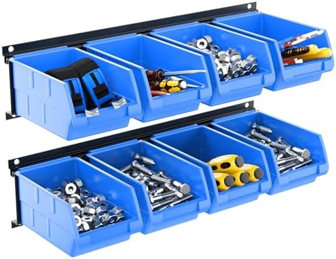 TORACK Wall-Mounted Storage Bins, 8 Plastic Bins & 2 Tracks, Blue