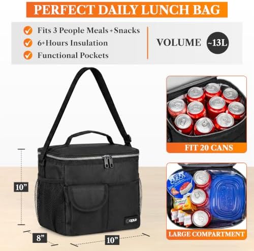 opux Insulated Lunch Box Adult, 18 Can Leakproof Cooler Bag Kid, Black