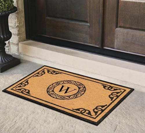 A1HC Natural Coir Monogrammed Doormat for Outside Entrance, Anti-Shed Treated Mats, Heavy Duty Durable EntryMat, Easy to Clean Front Door Mat - W, 30" X 48"