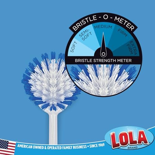 Dish Brush Scrubber for Kitchen, 4 Pack, by LOLA, Has Stiff Bristles & Food Scraper, Comfort No-Slip Grip Handle, Safe for Non-Stick & Coated Cookware