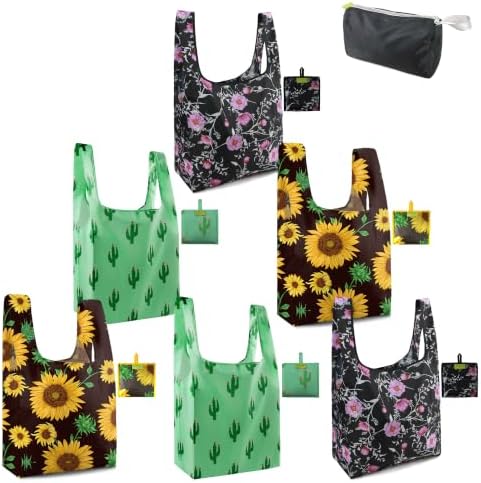 BeeGreen Floral Reusable Grocery Bags Bulk 6 Packs X-Large50LBS, Reusable Shopping Bags Foldable for Groceries, Vegetables, Fruits Bulk Tote Bags Washable For Women Men