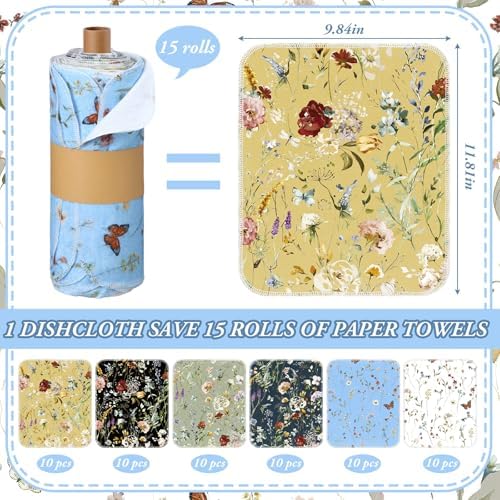 60 Pack Reusable Kitchen Cloths Cotton Towels, Rich Flowers