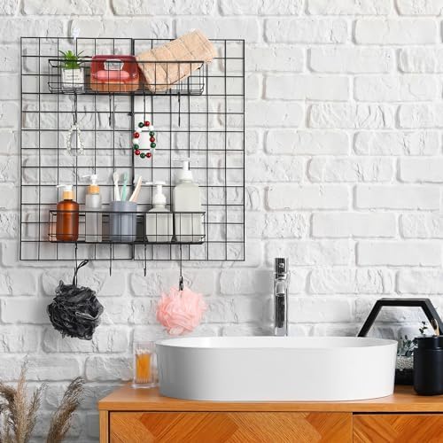 Black 4 Pack Grid Wall Hanging Baskets with 16 S Hooks, 15.8 x 3.9 x 3.2 Inch Metal Wire Wall Mount Storage Baskets for Grid Panels, Retail Display, Kitchen, Bathroom