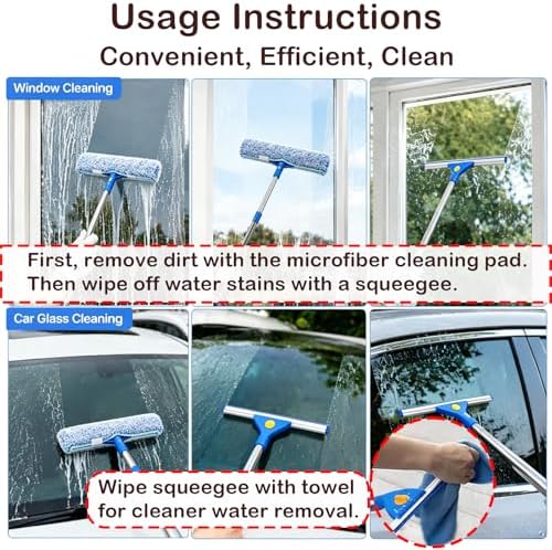Window Cleaning Kit with 3 Gallon Bucket | 63" Long Handle 14" Window Squeegee & 15" Microfiber Scrubber, Multi‑Purpose Window Washing Tools for Home Car Outdoor Commercial