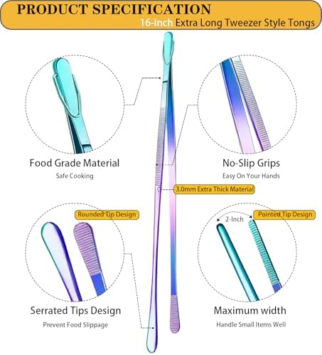 JETKONG 2 Pcs 16-Inch Stainless Steel Fine Tongs Extra Long Chopstick Tongs Long Kitchen Forceps for Cooking (Rainbow)