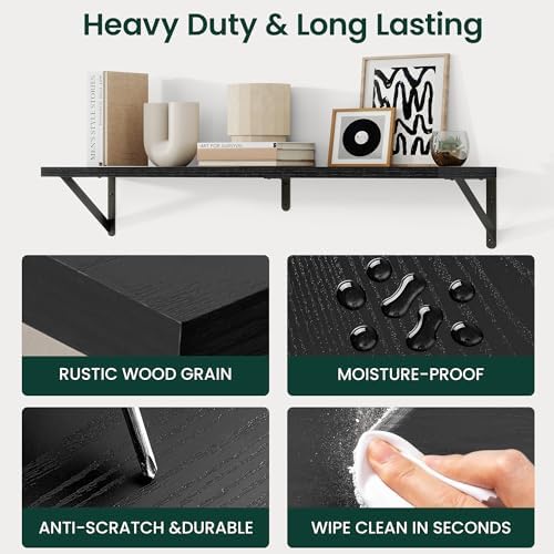 Floating Shelves 8 Inch Deep, 24W x 8D Wall Shelf Set of 2, 50 lbs Heavy Duty Reversible Metal Brackets, Industrial Book Shelf for Living Room Kitchen Bathroom Bedroom Gallery Wall, Black