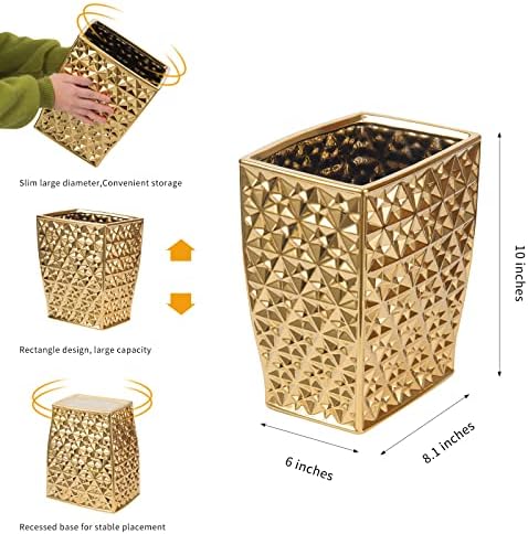 Ceramic Gold Square Garbage Can Kitchen Trash Cans - Wastebasket, Garbage Container Bin for Bathroom, Bedroom, Kitchen, Home Office, and Kids Room, Holds Waste