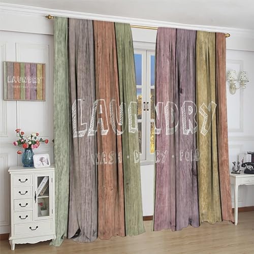 JESTRONRY Laundry Room Theme Curtains,Wash Dry Fold Colorful Wood Plank Print Fabric Window Treatment for Living Room Kitchen Bathroom Home Decor Curtain Drapes 84x84 Inch Blackout