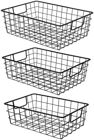 3 Pack Extra Large Wire Basket with Metal Handles, Metal Basket for organizers and storage, Wire Storage Baskets for Pantry, Cabinet, Fridge, Kitchen, Wardrobe, Garage, Bathroom, Black